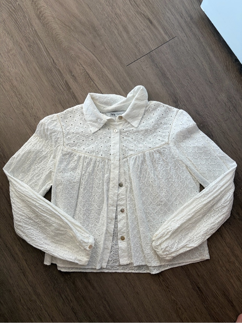 Zara White Eyelet Button-Down Collared Blouse